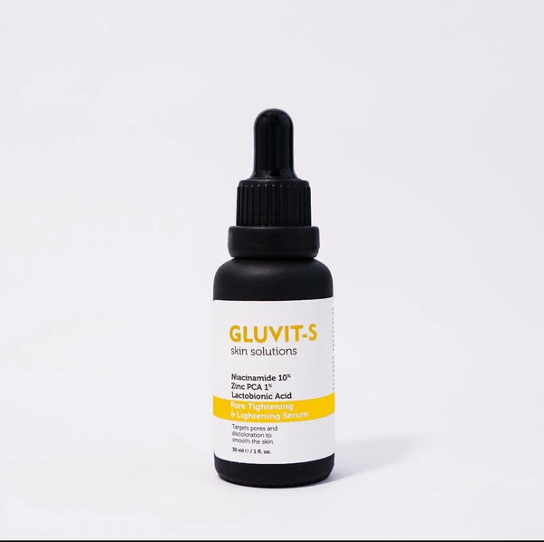 Gluvit-S Skin Solutions Pore Tightening & Lightening Serum. It targets pores and discoloration for a smoother, brighter complexion.