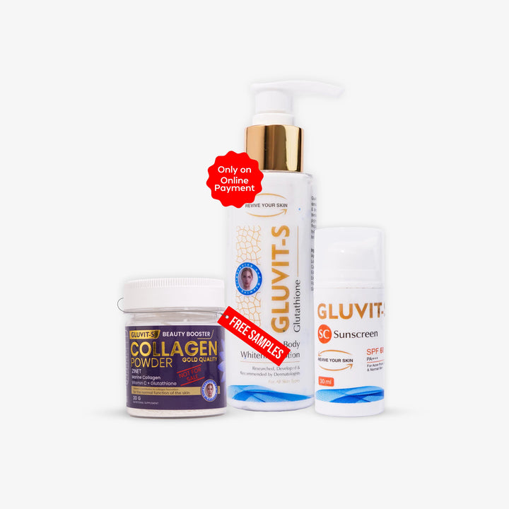 Buy Gluvit-S Sunscreen SPF 60 + Gluvit-s Face & Body Whitening Lotion & Get 1 Gluvit-s Marine Collagen Powder Sample Box for Free.